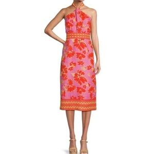 Antonio Melani Naomi Mandarin Floral Printed Linen Halter Dress Pink Orange $189